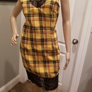 Yellow plaid dress with lace trim